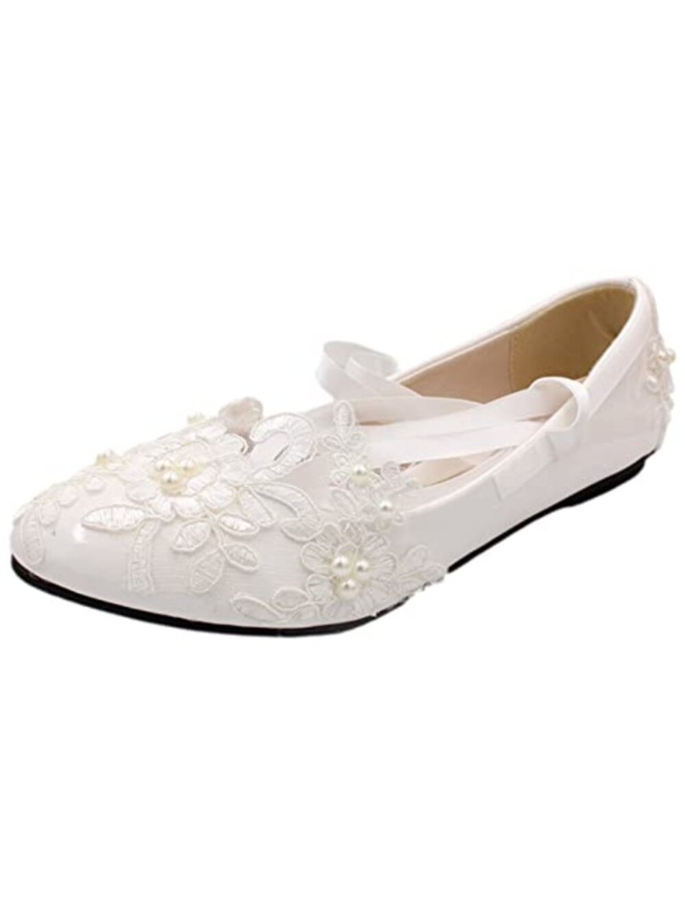 Women's Lace Embroidery Ballet Flats with Pearls - Flat Heel Wedding Shoes